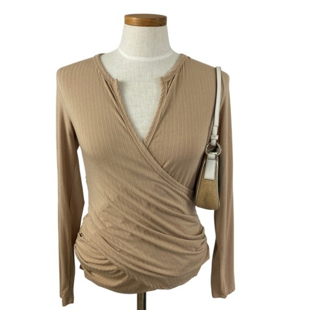 VTG Y2K Boston Proper Ribbed Knit Faux Wrap Top Women‎ Size S Beige Quiet Luxry